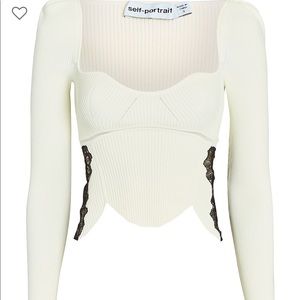 Self Portrait White Ribbed Sweater with Black Lace Detail - Size M